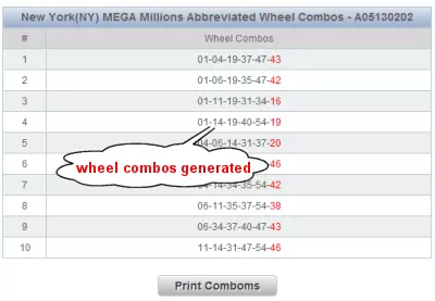 Texas MEGA Millions Lotto Wheels Sample Results